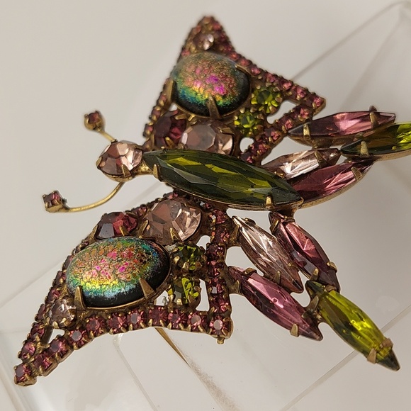 Vintage Butterfly Brooch Mid Century Multicolor Glass Crystals - Picture 14 of 16
